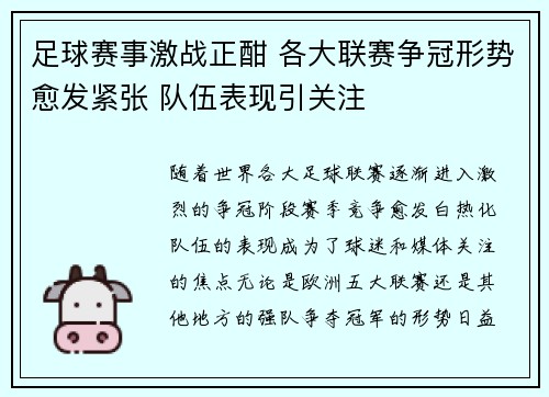 足球赛事激战正酣 各大联赛争冠形势愈发紧张 队伍表现引关注