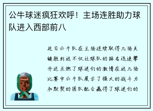 公牛球迷疯狂欢呼！主场连胜助力球队进入西部前八