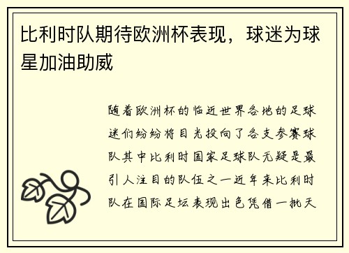 比利时队期待欧洲杯表现，球迷为球星加油助威