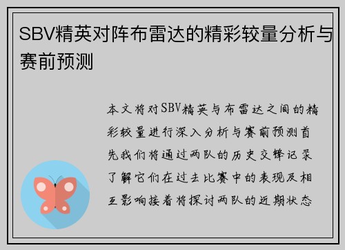SBV精英对阵布雷达的精彩较量分析与赛前预测