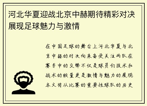 河北华夏迎战北京中赫期待精彩对决展现足球魅力与激情
