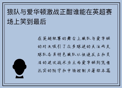 狼队与爱华顿激战正酣谁能在英超赛场上笑到最后
